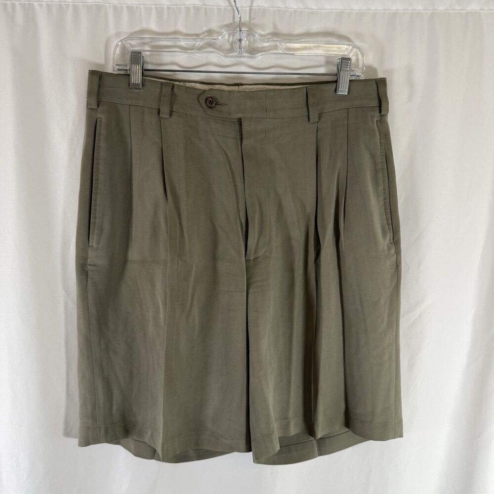 Jos A Bank 100% Silk Shorts Men's 32 Khaki Pleated 9" Inseam Button Zip